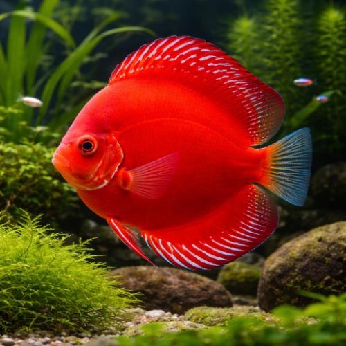 Bright red discus fish in a planted freshwater aquarium